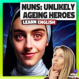 An image of a smart sassy AI nun hero. Unleash the power of your brain while you learn English! Tune into our podcast on Spotify, watch on YouTube.