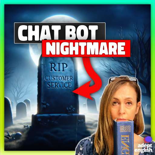 A graveyard on a clear night with the moons light showing a gravestone with RIP customer service. Sharpen your English listening abilities.