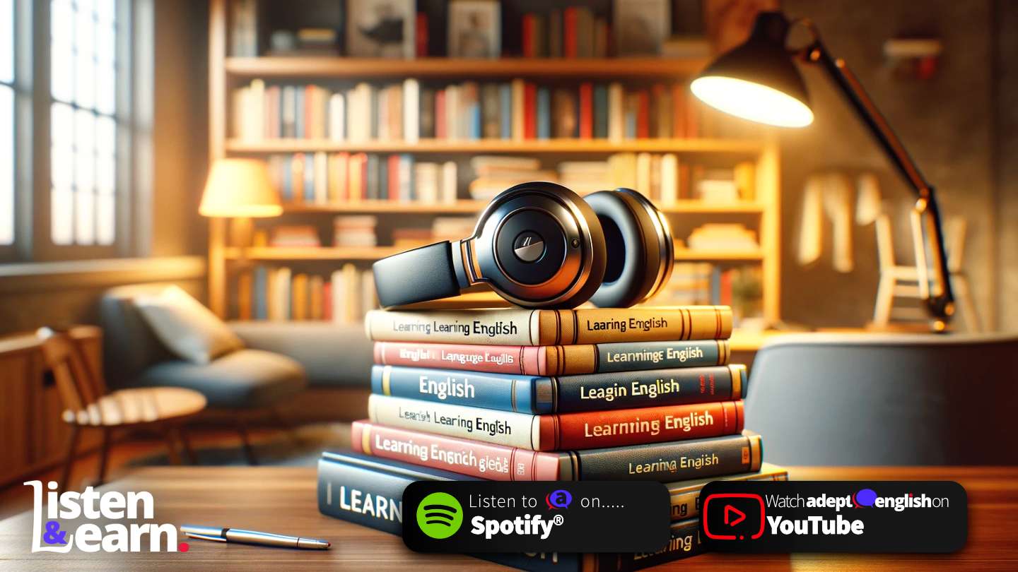 A stack of English language books and headphones, depicting language learning. Get your English in shape! Join us for a lesson on health and fitness vocabulary.