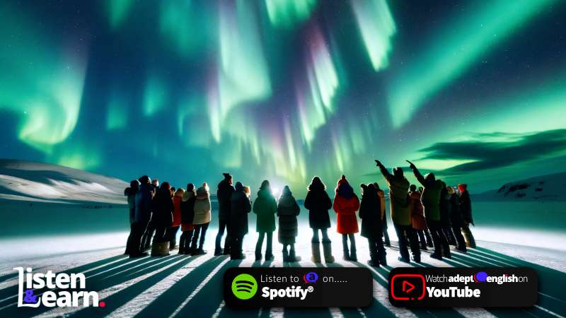 People gathered to look upon the spectacle of the aurora lights. Boost your English vocabulary with fascinating science words.