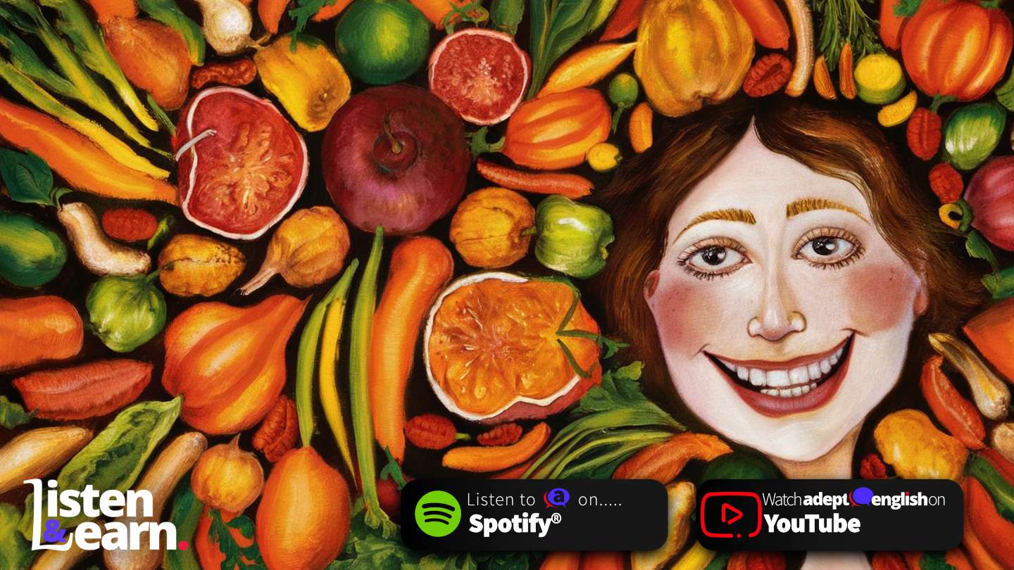 A painting of a happy face surrounded by fruit and vegetables. Gain valuable insights and expand your English food vocabulary with ease