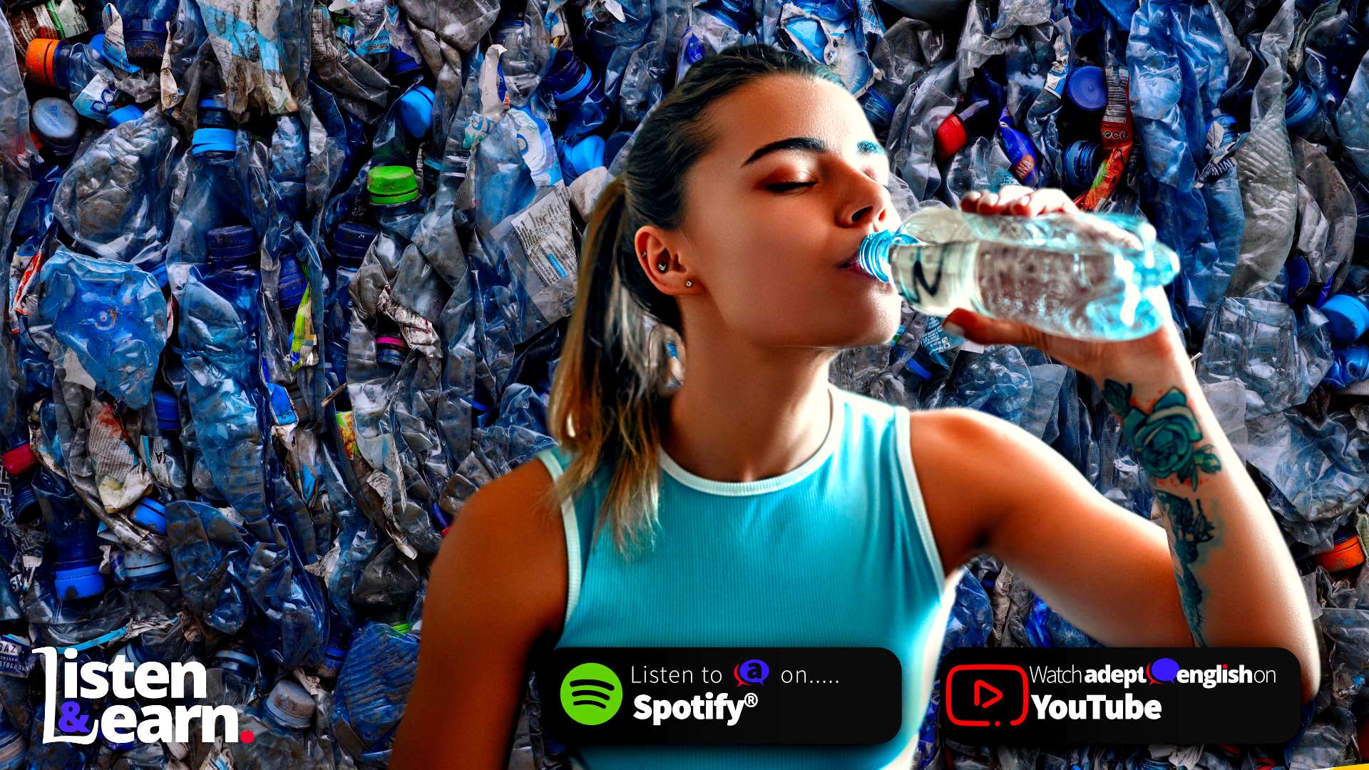 A beautiful woman drinking water from a plastic water bottle in front of a wall of used plastic bottles. Discover British English: Journey through English fluency while exploring pressing global issues.