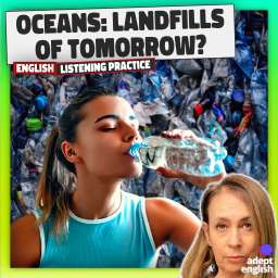 A beautiful woman drinking water from a plastic water bottle in front of a wall of used plastic bottles. Discover British English: Journey through English fluency while exploring pressing global issues.