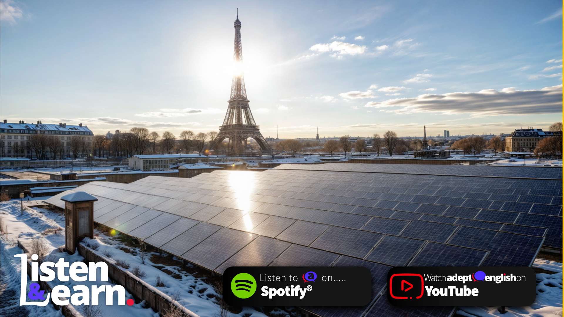 A fictional scene of the Eiffel tower behind solar panels in Paris. Learn real-world English through positive, engaging news stories.