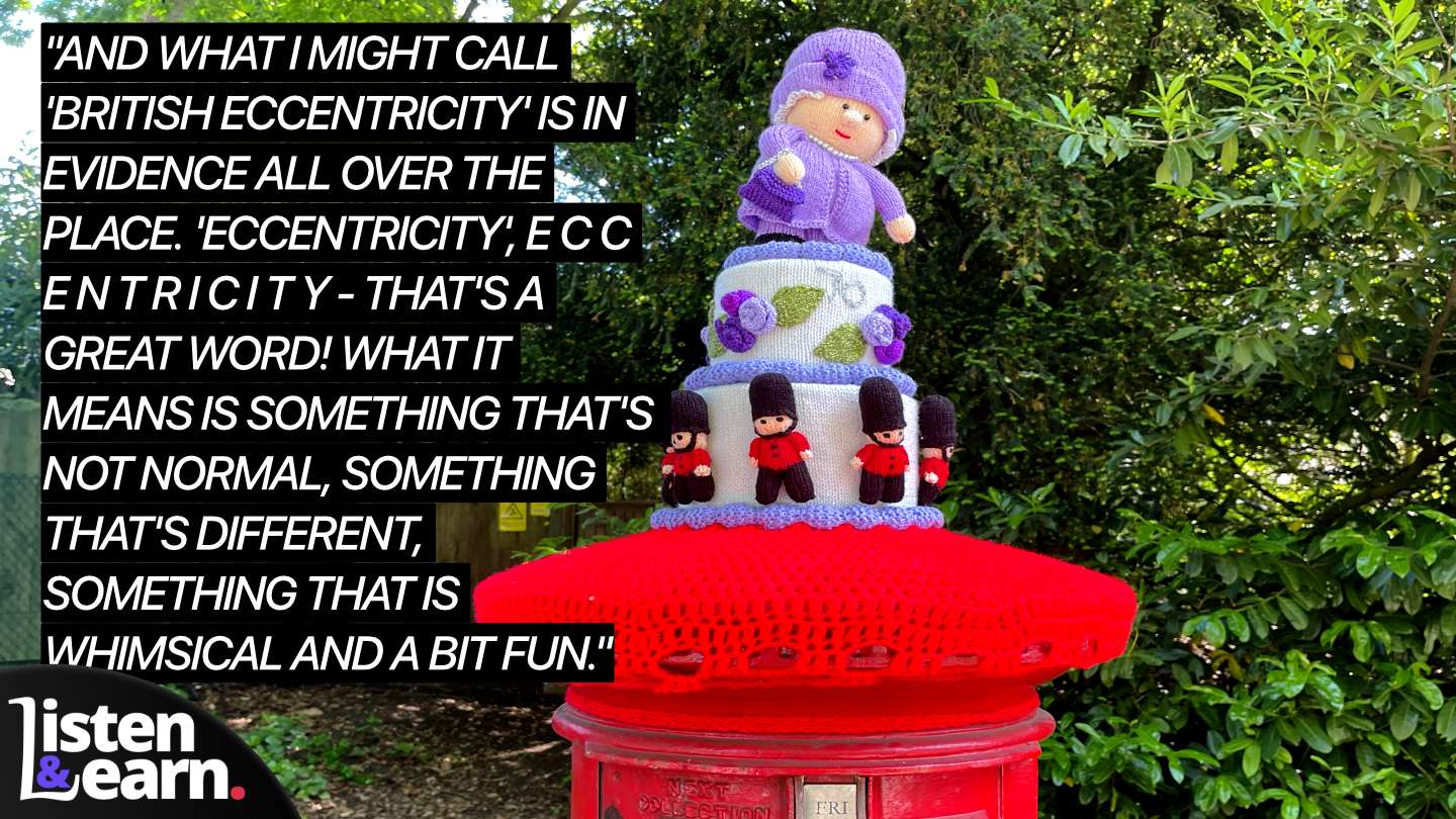 A photograph of knitted post box cover. This English listening exercise will help you practice your listening skills.