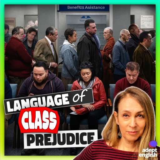 An AI generated image of people from various class backgrounds waiting at a benefits office. Recognize common prejudices in everyday language.
