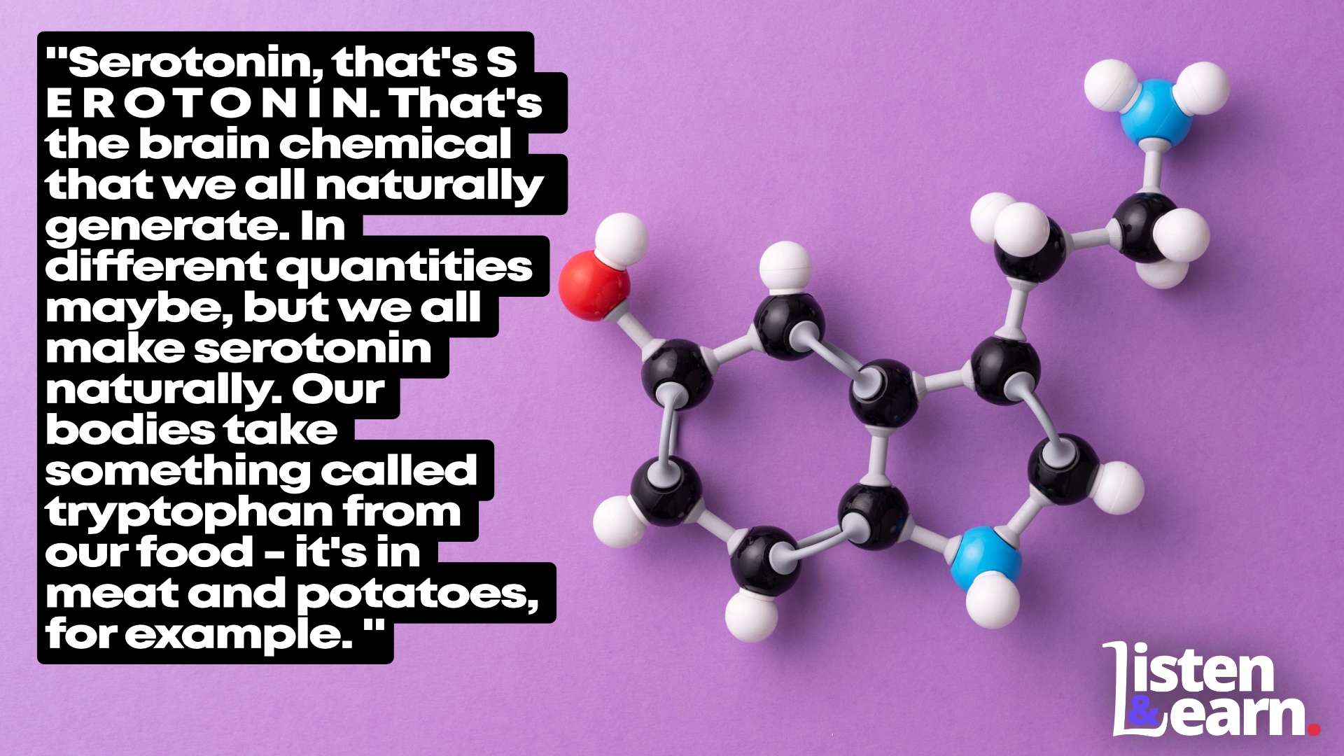 A photograph the chemical model of serotonin. English listening practice: UCL research says serotonin is important for brain health. It does not play a role in how people respond to antidepressants.
