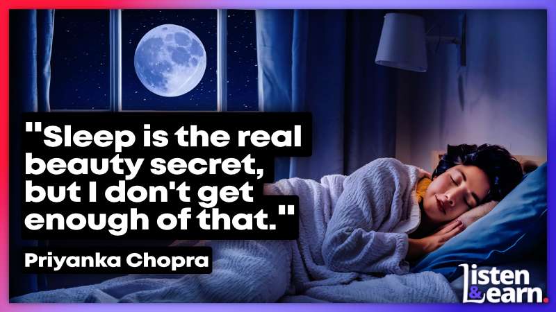 A young lady sleeps safely under a window with a full moon. Learn English while discovering sleep secrets.