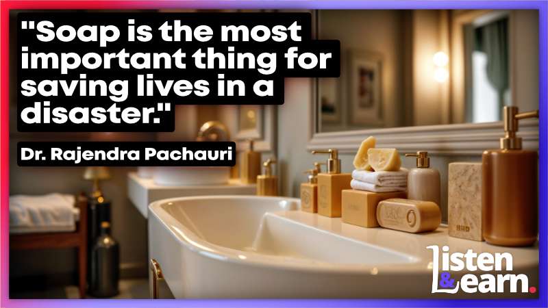 A posh hotel bathroom with lots of luxury soaps. Learn real English by listening to an uplifting story about soap saving lives.