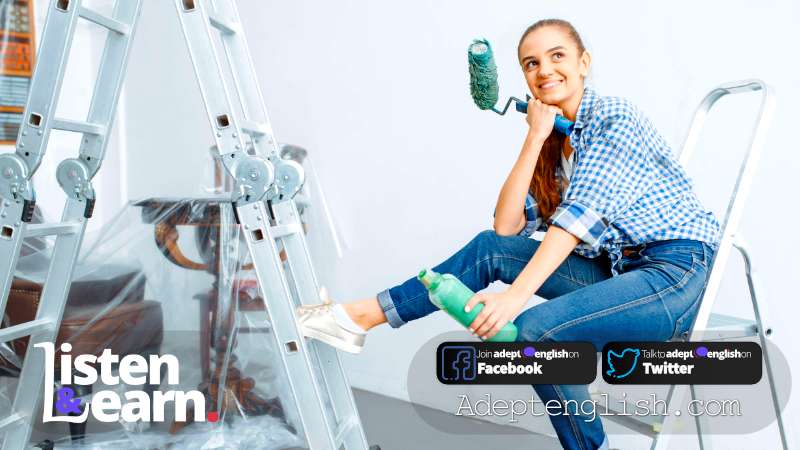 A photo of a female house painter sitting on a ladder. Online English Listening Practice – Free Podcast