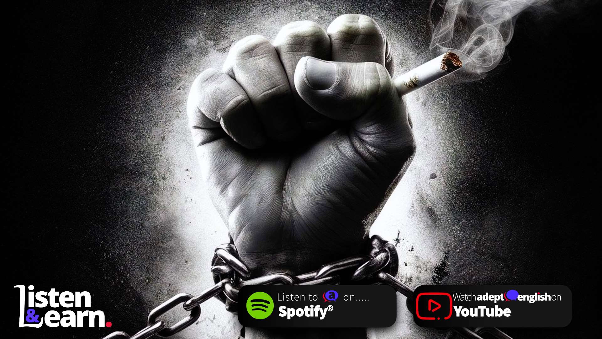 A dark coloured image of a fist gripping a smoking cigarette, the forearm is held with chains. British Culture and English: Listen to Our Podcast.