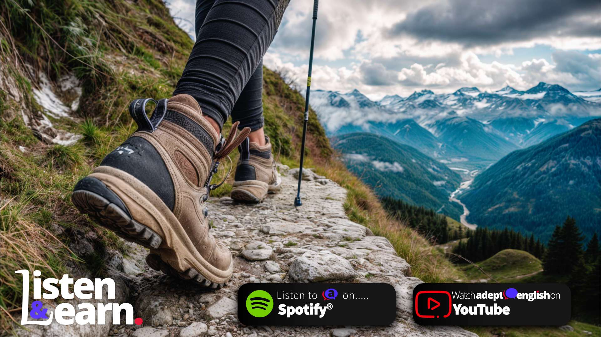 A walker on a hike in the Swiss mountains. Improve your English by listening to real-life emergency stories.