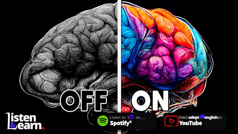 An AI image of a brain half switched on and half switched off. Learn British English and boost your well-being through true rest! Tune into our Spotify podcast for a complete learning experience.