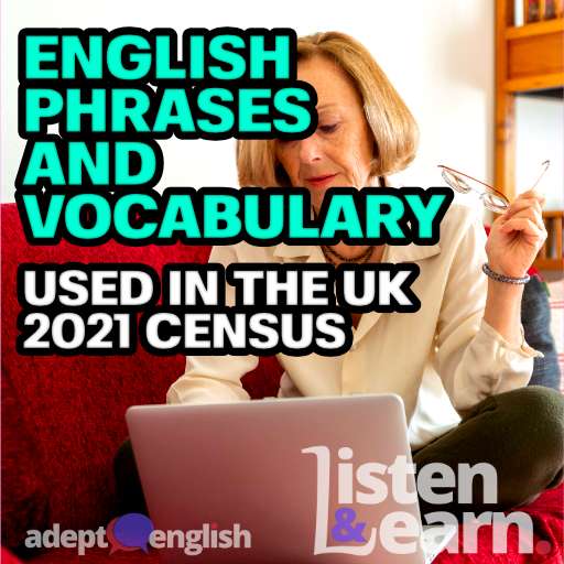 A lady sits on a sofa with a laptop filling out the UK 2021 census. Today we practice English phrases and vocabulary related to filling in forms.