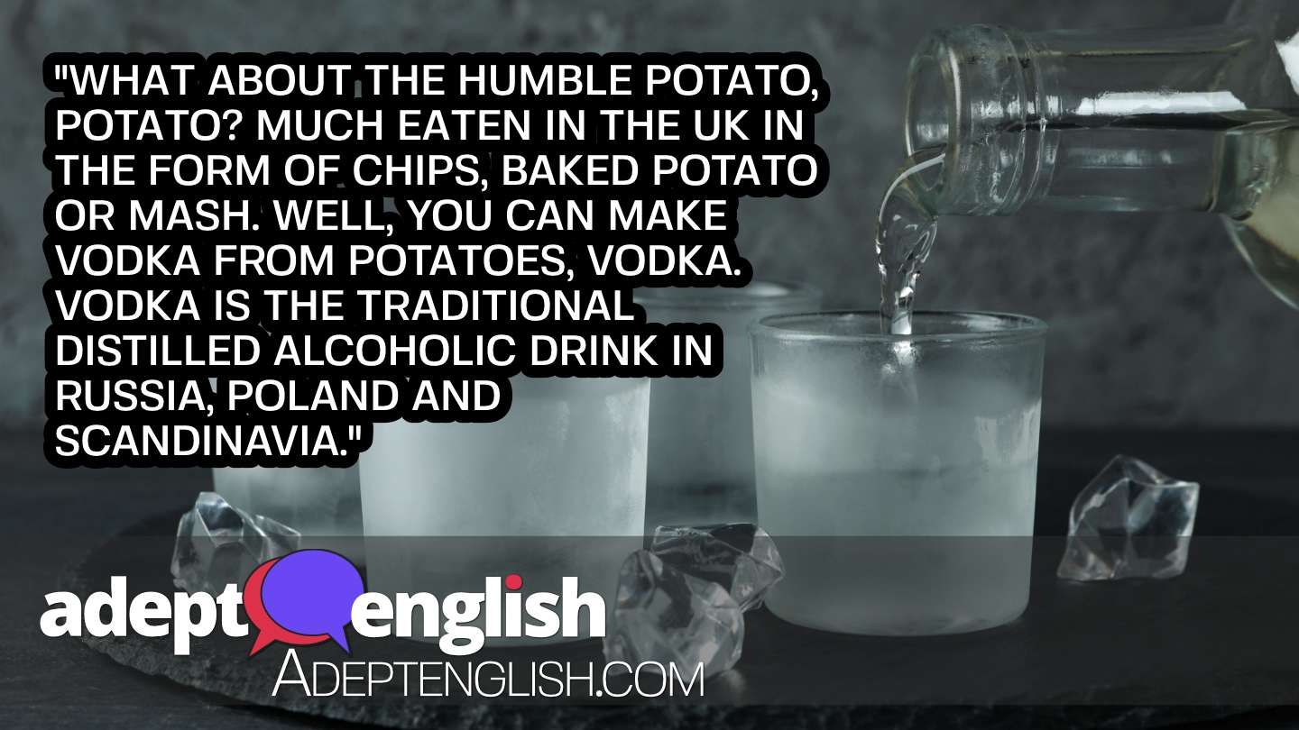 A photograph of a bottle with pouring vodka and shots of vodka on black tray. As we discover English phrases related to alcohol.