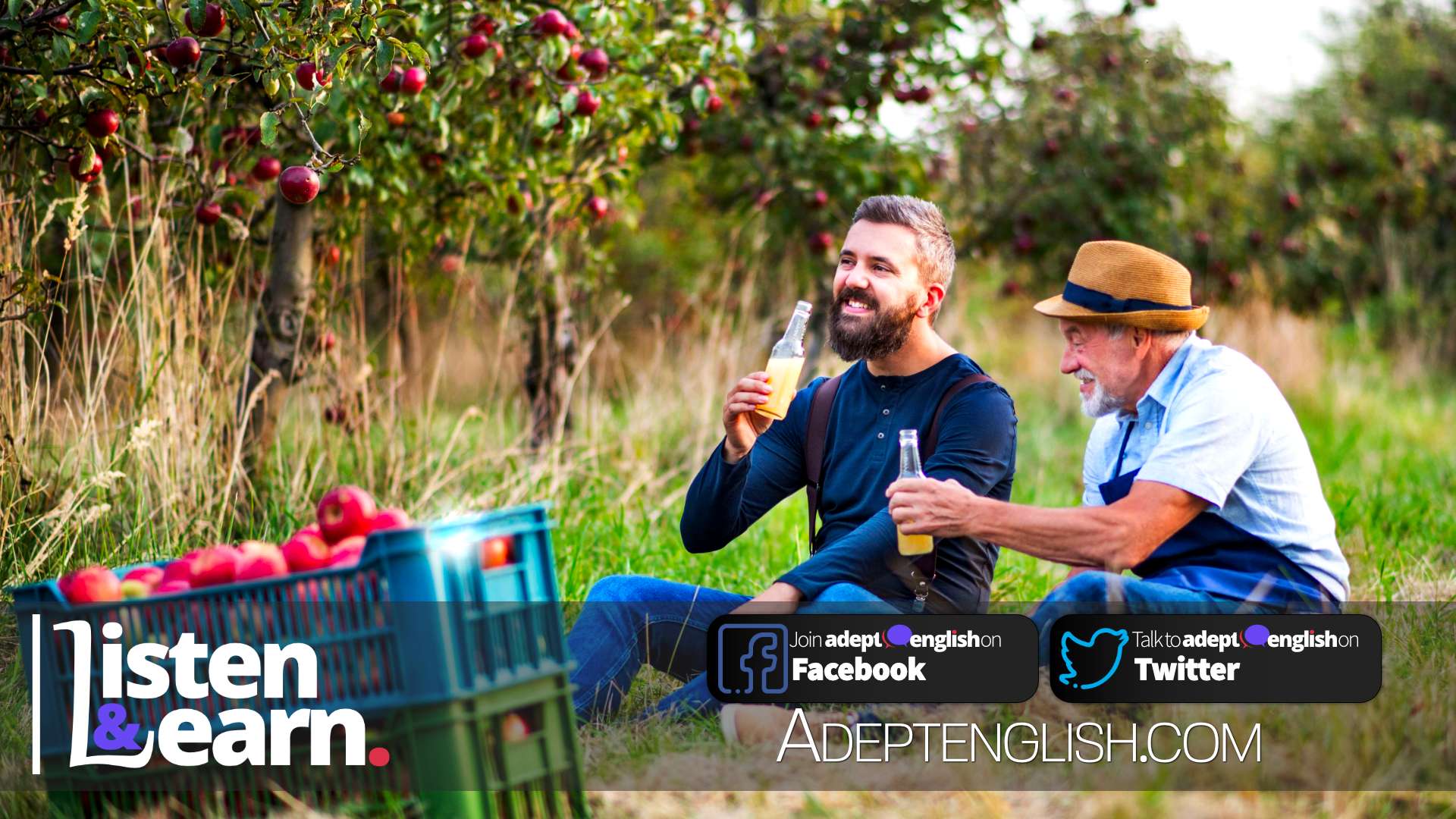 A photograph of a farther with his son drinking cider in apple orchard in autumn. What English phrases go into your favourite alcohol?