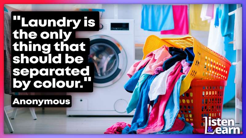 A basket of colourful clothes in a utility room. Learn Household British English with Ease