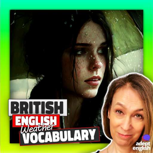 A young lady holding an umbrella in the pouring rain. Don't miss out on the opportunity to improve your English skills. Follow and subscribe to our podcast today!