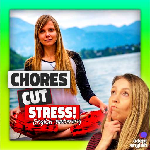 A photo of girl happy doing chores. Discover how to calm your over-active mind while enhancing your English fluency through engaging listening practice and mindfulness techniques.