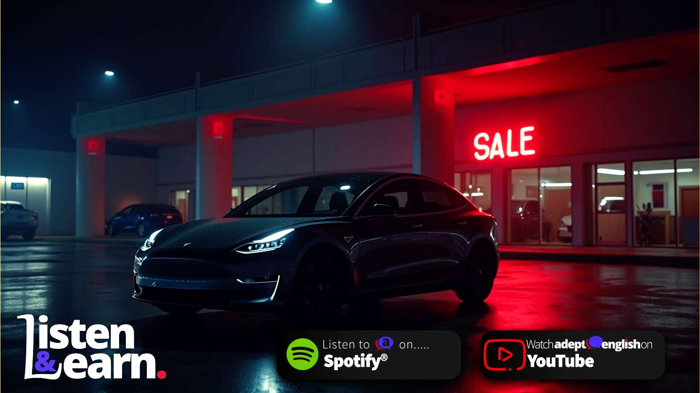 A white Tesla car driving through London. Learn key EV vocabulary like charge, tariff and premium brand in real-world context.