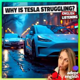 A white Tesla car driving through London. Learn key EV vocabulary like charge, tariff and premium brand in real-world context.