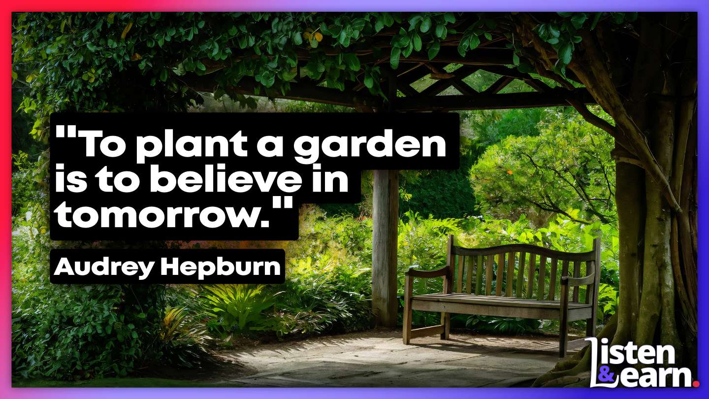 A lush green garden with a worn wooden bench. Boost your vocabulary with plant names.