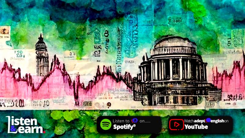 Digital art showing a montage of bank of England and inflation charts. Understanding the many English money and economic phrases will help you in your business dealings.