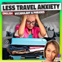 An anxious female traveller stressing over packing a suitcase. Learn fluent British English while packing for your next trip! follow our podcast.