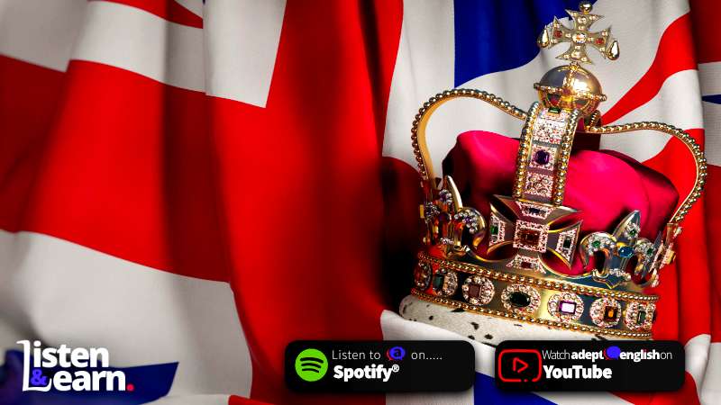 A crown on a Union Jack flag. Improve your English vocabulary with this 10-minute English listening practice session that includes explanations of difficult words.