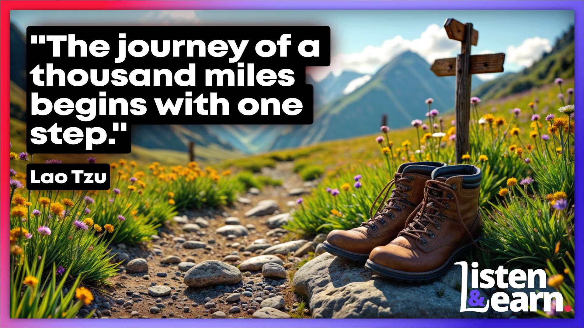 A pair of walking boots near a signpost that points to a beautiful country path. Hear real-world examples of common English sayings in use.