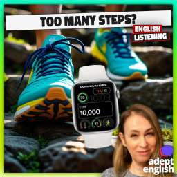 A pair of running shoes and a fitness tracker announcing 10k steps. Practice listening to British English spoken at a natural pace.