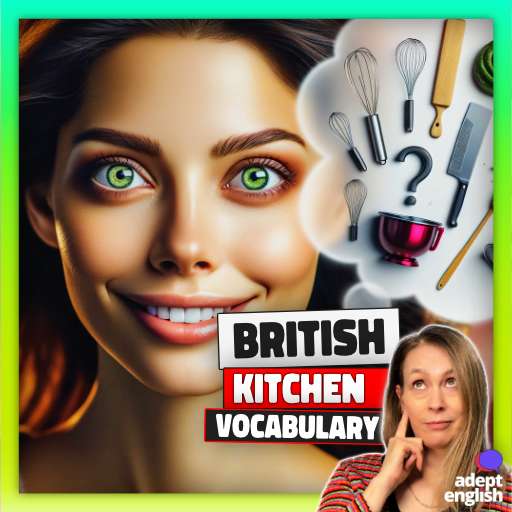 An AI image of a woman thinking about kitchen utensils. Improve Listening Skills: Sharpen your English comprehension in a fun way.