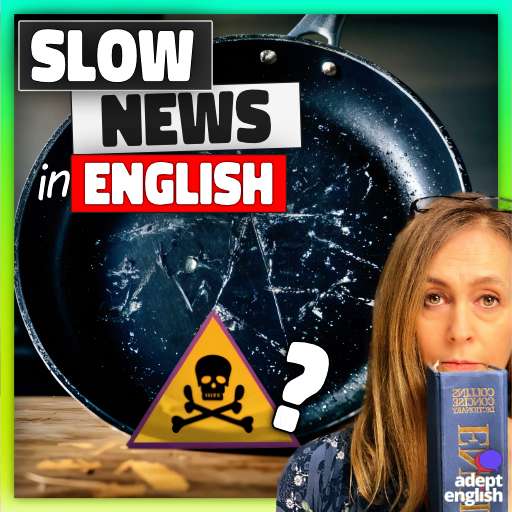 A modern non-stick frying pan with lots of scrapes and flakes of toxic coatings with a warning sticker. Speak English fluently, start now.