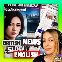 An AI image of a woman presenting British English news for new language learners. Improve English with 4 engaging news stories, boosting your vocabulary and listening skills.