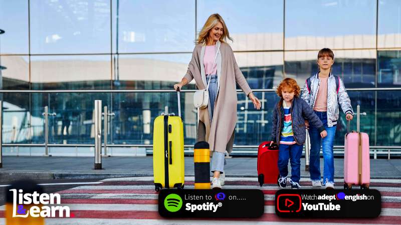A family with luggage at an airport. Improve your English comprehension skills while practising listening to UK news stories read at a good pace with clear pronunciation.