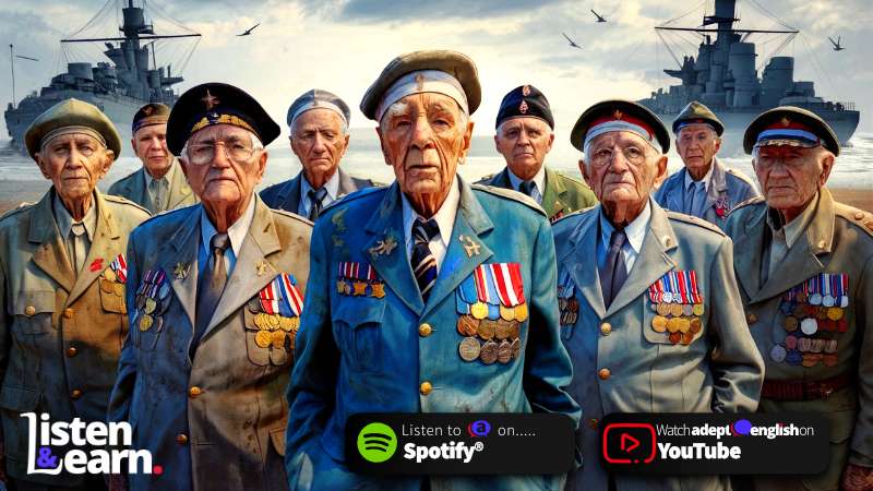 An illustration of war vets being commemorated. Enhance your listening skills with engaging content.