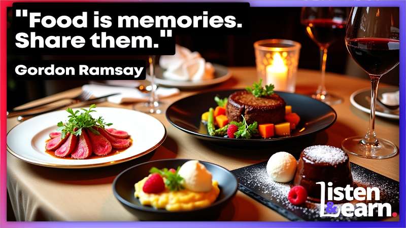 Wonderful food set out on a posh restaurant table. Gain confidence to join conversations about food, sharing, and eating out in English.