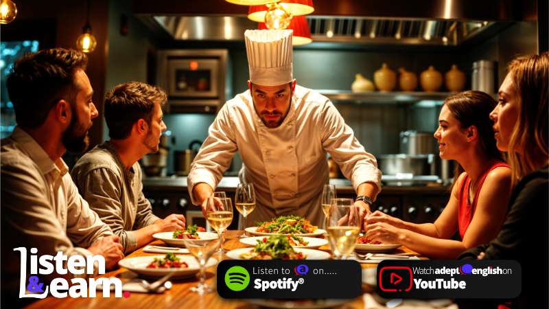 A chef leans over a restaurant table full of diners. Improve your listening skills with a fun story about UK dining culture and habits.