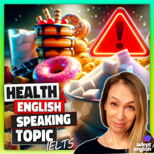 Sugar: An overflowing bowl of sugar cubes with a warning sign, against a background of various sugary snacks. Stay current with UK news while learning English!