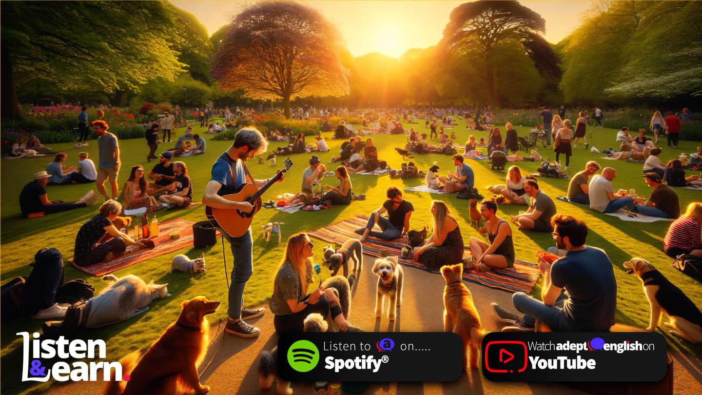 A scene showing people enjoying music, a walk, and relaxation in a park. Discover joy beyond wealth through English.