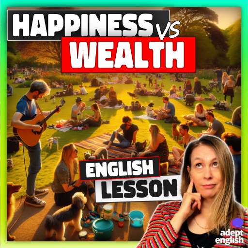 A scene showing people enjoying music, a walk, and relaxation in a park. Discover joy beyond wealth through English.