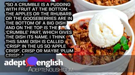 A photograph of a plum crumble pie or plum crisp with oats and spices, served with ice cream. The American version of a British Crumble pudding.
