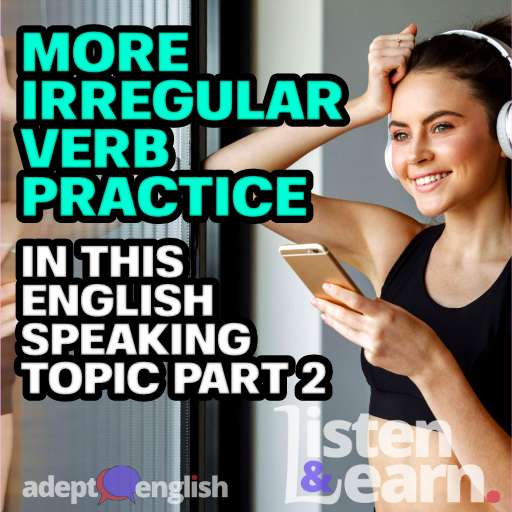 Photo of smiling woman using headphones and smartphone. Practice copying what I say in this English speaking topic.