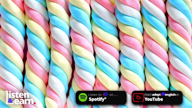A photo of marshmallow twister sweets. Practice your English speaking with free English tongue twisters pronunciation exercises!