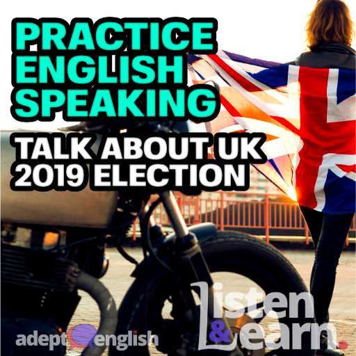 Biker girl on caferacer motorcycle holding UK Union Jack flag used to help describe the UK 2019 election as part of an English speaking practice lesson.