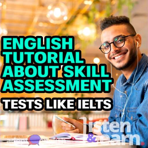 Young smiling man in casual wear and eyeglasses listening to lecture in earphones while preparing for an IELTS test.