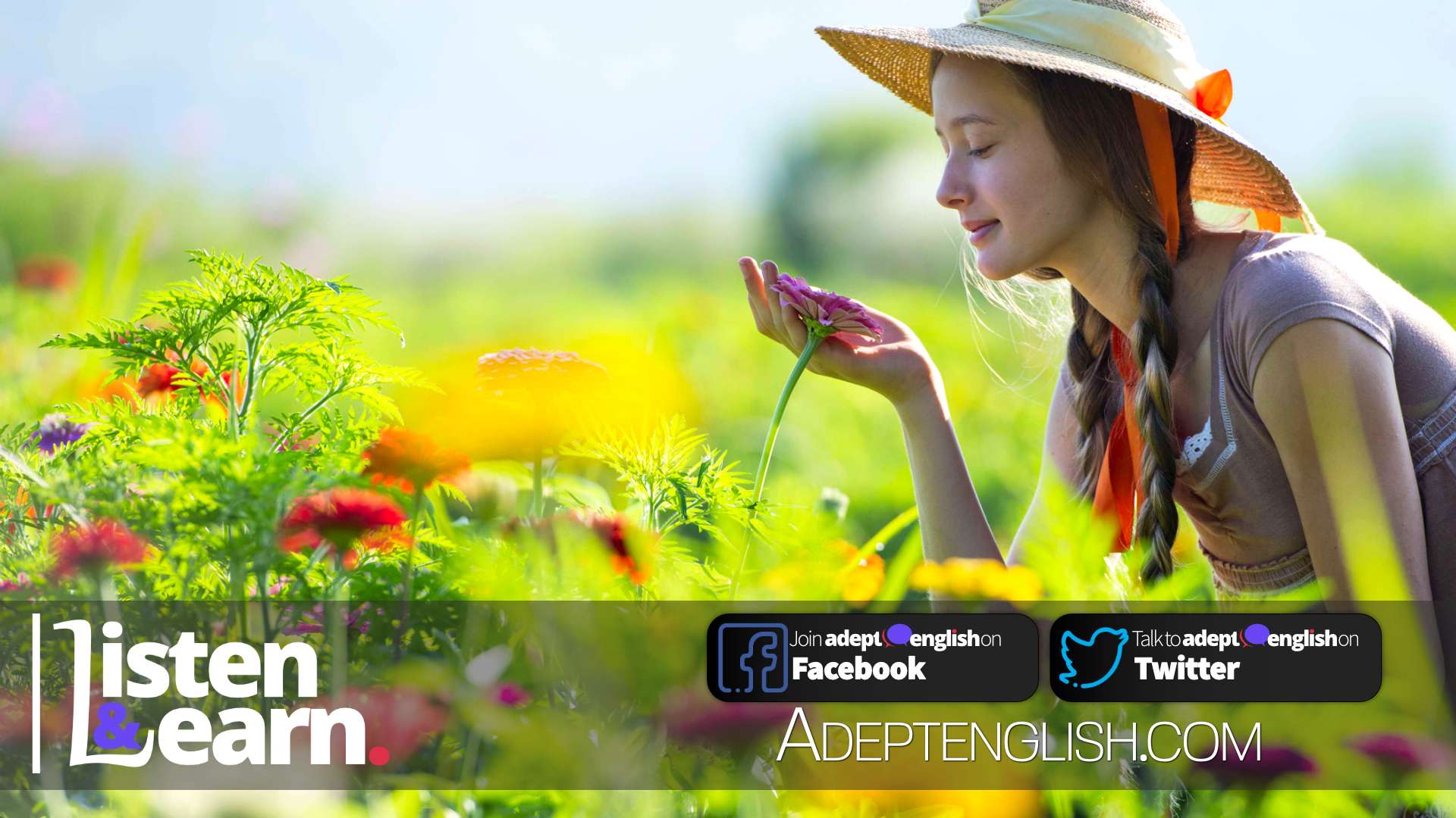 Summer on an organic farm. A young woman in a field of flowers, the cover images used for this ESL English grammar lesson.