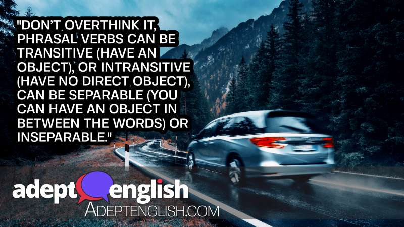A photograph of a blurred car in motion on the road in autumn forest in rain. Explaining the subtlety of ESL English grammar contractions.