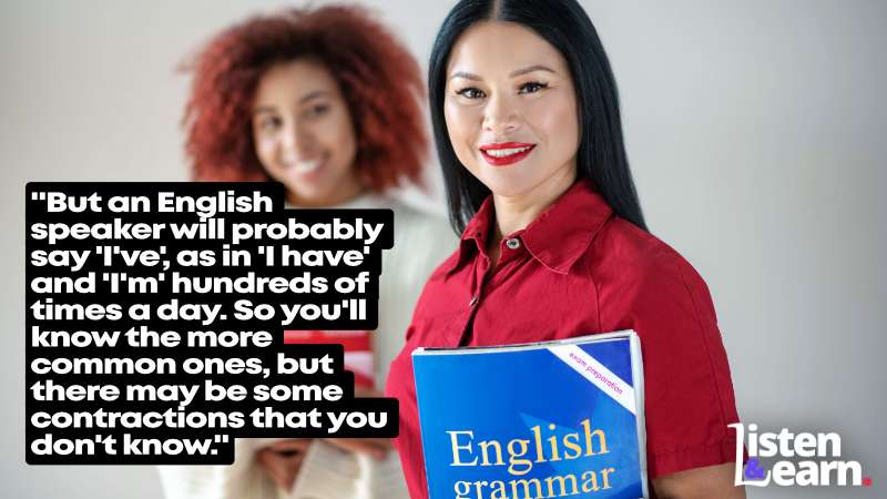 A photo of an ESL student holding an English grammar book. An English grammar lesson which will help beginners grasp the use of contractions.