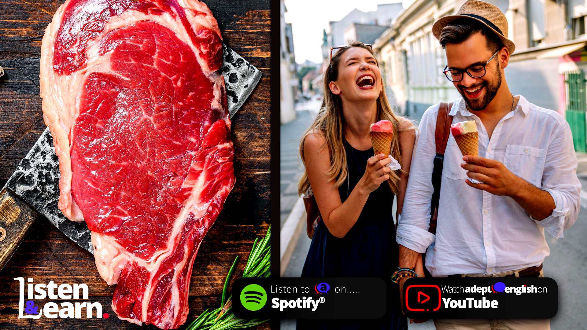 A photo of meat, and a couple meeting. How to Master English Homonyms: Don't Miss This Must-Listen Quiz Episode!